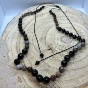 Collier ou demi-mala en Bois fossilisé et Obsidienne