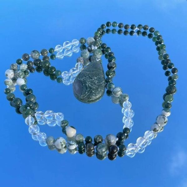 mala agate mousse, agate d'arbre et cristal de roche