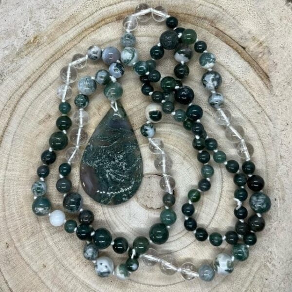mala agate mousse, agate d'arbre et cristal de roche