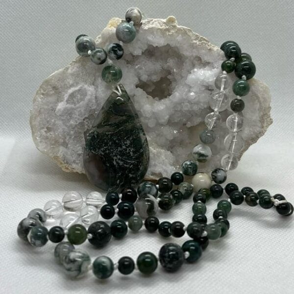 mala agate mousse, agate d'arbre et cristal de roche