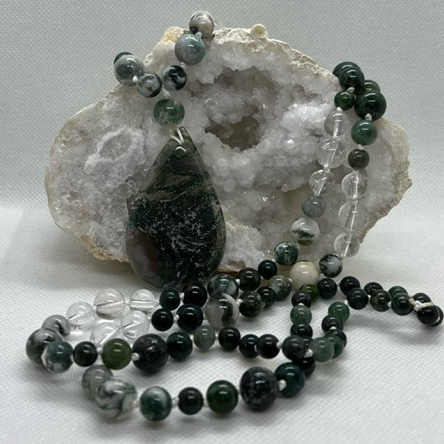 mala agate mousse, agate d'arbre et cristal de roche