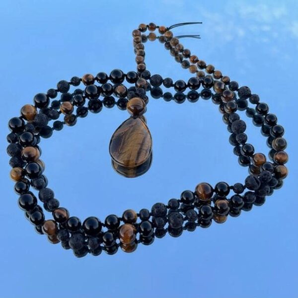 mala oeil de tigre, pierre de lave et tourmaline