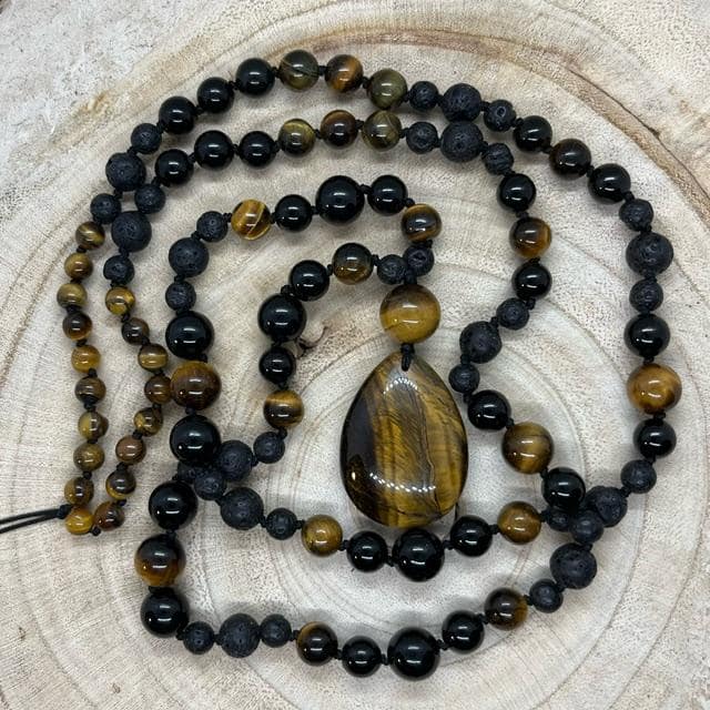mala oeil de tigre, pierre de lave et tourmaline