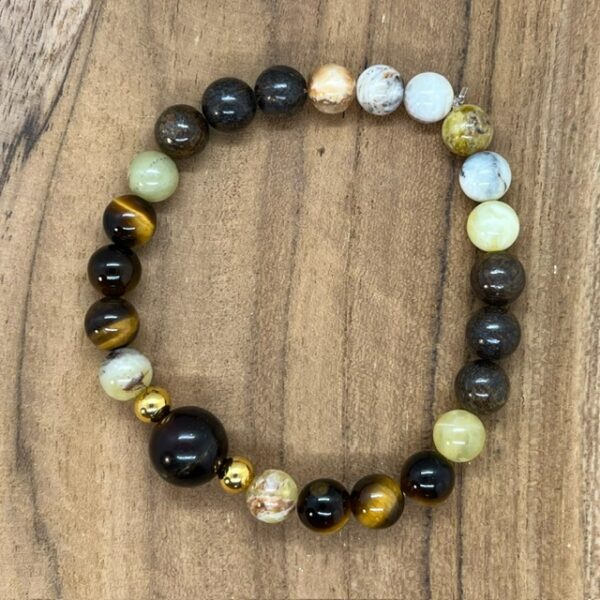 Oeil de tigre, ambre, opale jaune et bronzite
